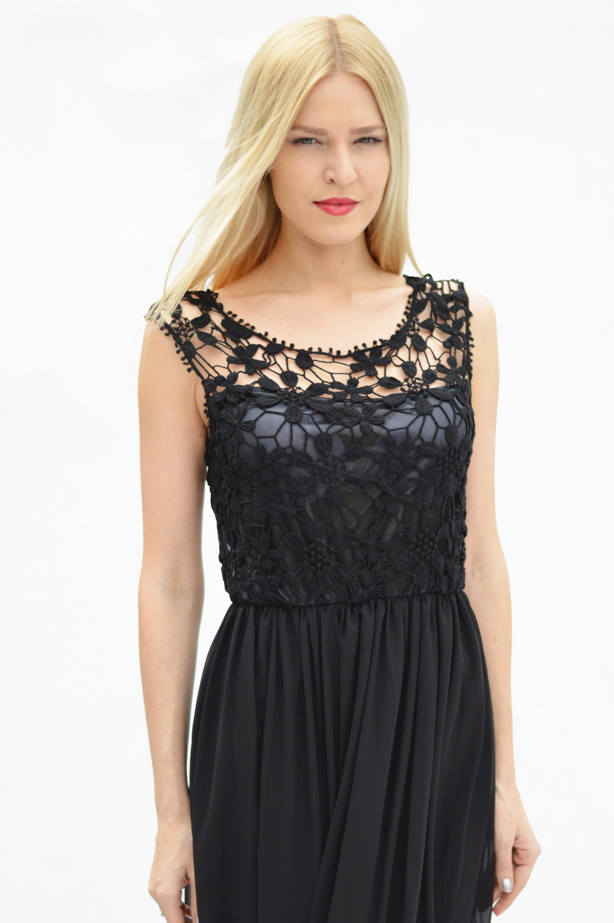 Lace Inn Elegant Crochet Sleeveless Maxi Dress Black