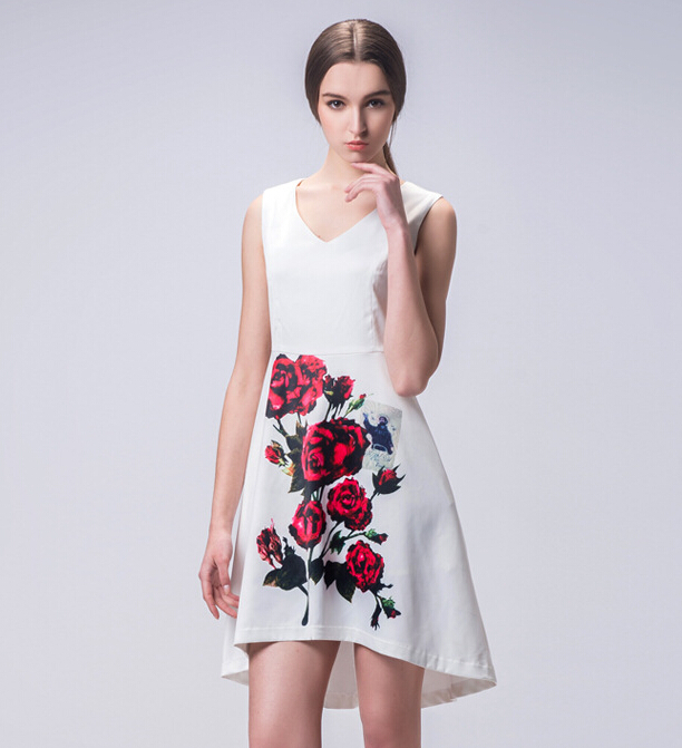 Lace Inn Floral Print Summer Sleeveless High Low Dress High Quality On